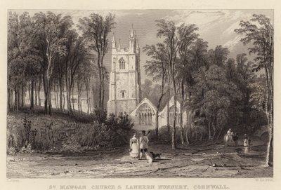St Mawgan Church og Lanhern Nunnery, Cornwall (gravering) av Thomas (after) Allom