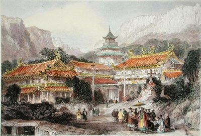 The Great Temple at Poo-Too, Chusan Islands, ca. 1850 (farge litho) av Thomas (after) Allom