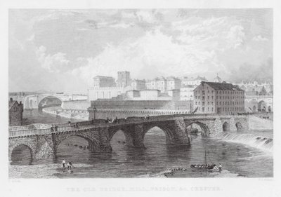 The Old Bridge, Mill, Prison, etc, Chester (gravering) av Thomas (after) Allom