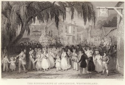 The Rushbearing ved Ambleside, Westmorland (gravering) av Thomas (after) Allom