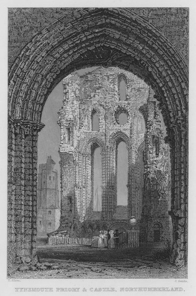 Tynemouth Priory and Castle, Northumberland (gravering) av Thomas (after) Allom
