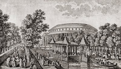 Ranelagh Gardens, Chelsea, London, England. Eksteriøret av Rotunda ved Ranelagh Gardens, det "kinesiske huset", og en del av eiendommen, etter graveringen av Thomas Bowles av Thomas (after) Bowles