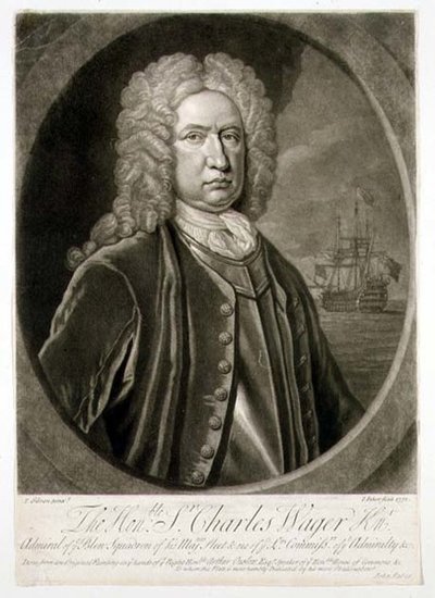 Portrett av Sir Charles Wager (1666-1743) Admiral of the Blue Squadron, gravert av John Faber (1684-1756) 1732 (gravering) av Thomas (after) Gibson