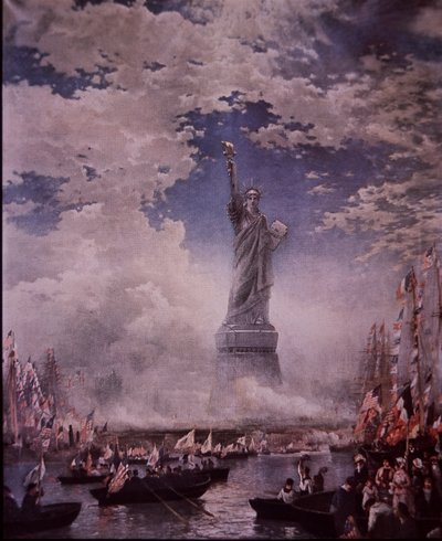 Avduking av Frihetsgudinnen i New York Harbor, 28. oktober 1886 (farge litho) av Thomas (after) Moran