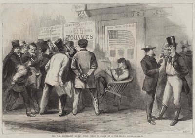 Krigsspenningen i New York, scene foran et brannmotorhus (gravering) av Thomas (after) Nast