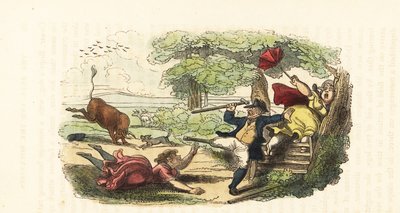 En familie av botanikere angrepet av en ladende okse på et jorde. ,1831 (gravering) av Thomas (after) Rowlandson