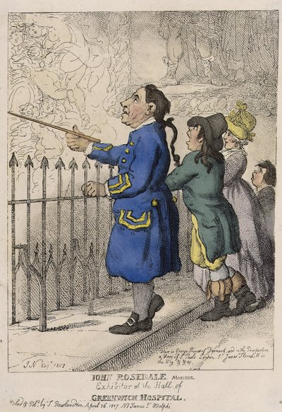 John Rosedale, sjømann, besøksguide til lobbyen på Greenwich Hospital (England) av Thomas (after) Rowlandson