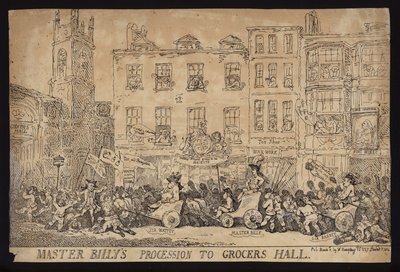 Mester Billys prosesjon til Grocers Hall; Politisk satire over prosesjonen til William Pitt den yngre til Grocers Hall for å motta friheten til City of London av Thomas (after) Rowlandson