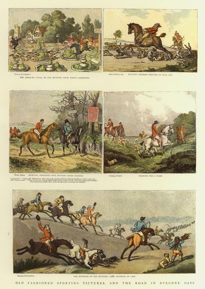Gammeldagse sportslige bilder og veien på gamle dager (litho i farge) av Thomas (after) Rowlandson