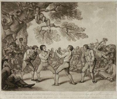 Boksekampen mellom Daniel Mendoza og Richard Humphreys i Stilton, Huntingdonshire, 6. mai 1789, gravert av Joseph Grozer (ca. 1755-99) (gravering) av Thomas (after) Rowlandson