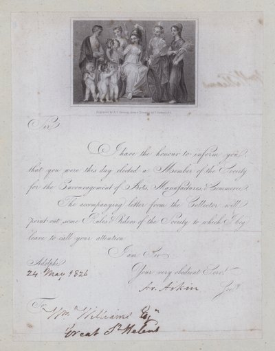 Letter of confirmation of election to membership of the Society for the Encouragement of Arts, Manufacturies and Commerce av Thomas (after) Stothard
