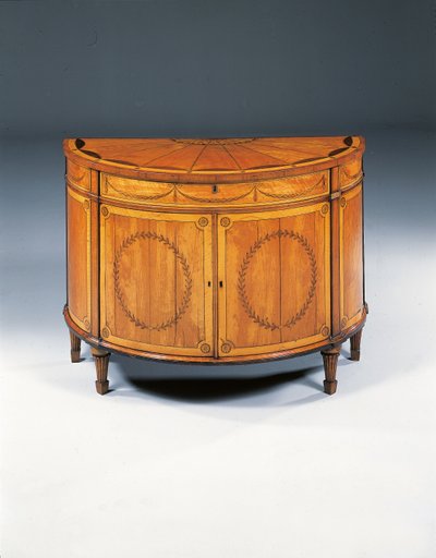 George III marquetry demi-lune commode, ca. 1760-79 (sateng, amaranth og tulipwood) av Thomas (attr.to) Chippendale