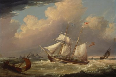 Den engelske briggen "The Guide" kommer inn i elven Elbe i Tyskland, 1828 av Thomas A. Binks