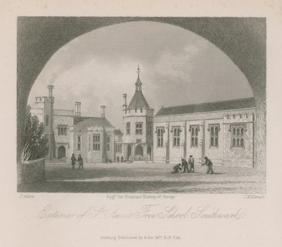 Eksteriør av St Olaves Friskole av Thomas Allom