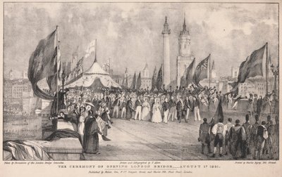 Seremonien for åpning av London Bridge med Old London Bridge i bakgrunnen av Thomas Allom
