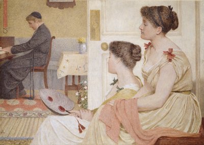 Drawing Room Scene med en ung prest ved pianoet, sent på 1800-tallet av Thomas Armstrong