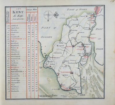 Kent, plate 39r, fra A Complete Set of Maps of England and Wales in General..., 1724 (penn og blekk og wc på papir) av Thomas Badeslade