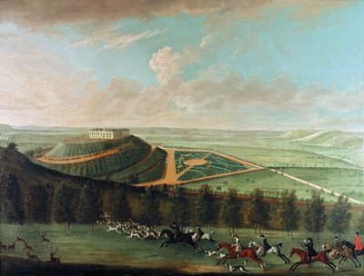 Utsikt over Belvoir Castle fra sørvest, med Belvoir Hunt in Full Cry, 1730 av Thomas Badeslade
