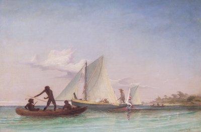 The Long Boat of the Messenger angrepet av innfødte av Thomas Baines