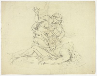 Pyramus og Thisbe (til høyre); Tre mannsfigurer med mausoleumsplanløsning (verso) av Thomas Banks