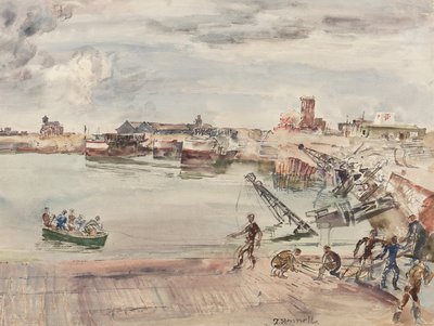 Dokker tidligere varehus (sic) i havnen i Calais Bassin Ouest, 1944 (blyant, penn, blekk, pensel og wc på papir) av Thomas Barclay Hennell