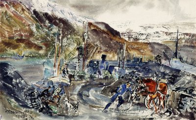 Lokale kullvogner og trålere, Seydisfjordur, Island (akvarell på papir) av Thomas Barclay Hennell