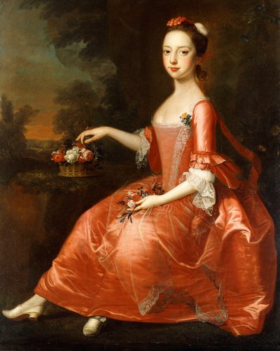 Portrett av en ung dame, sittende i full lengde, iført en rød kjole av Thomas Bardwell