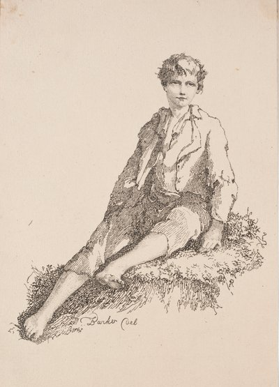 Prøver av polyautografi: Gutt sitter på en gresskledd bredde av Thomas Barker