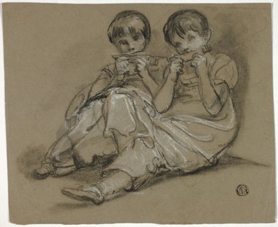 To jenter som leker på kammer (recto); Skisse av sittende kvinne med fragment av en annen figur (verso) av Thomas Barker