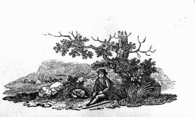 Mann som sitter ved et forkrøplet tre fra "History of British Birds and Quadrupeds" av Thomas Bewick