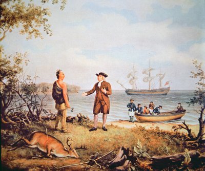 William Penn ankommer Amerika for første gang og møter en indianer i 1682 (olje på lerret) av Thomas Birch