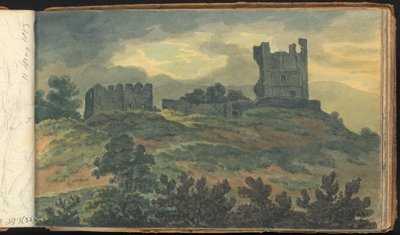 Album med landskaps- og figurstudier: Castle Ruins on a Hilltop av Thomas Bradshaw
