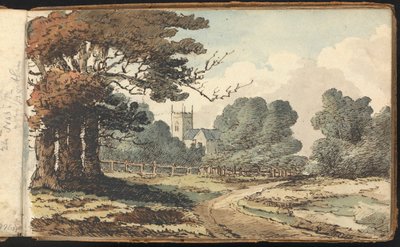 Album med landskaps- og figurstudier: Landlig scene med kirke av Thomas Bradshaw