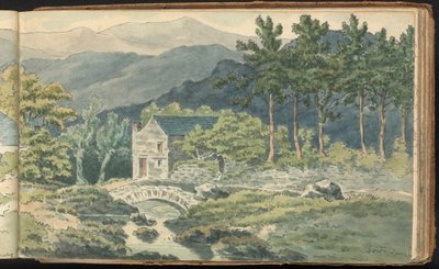 Album med landskaps- og figurstudier: To hus langs en veikant i fjellene av Thomas Bradshaw