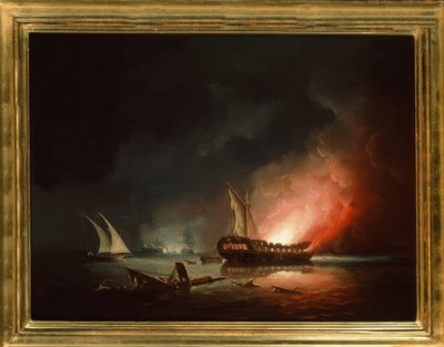 Brennende fregatt etter et sjøslag av Thomas Buttersworth