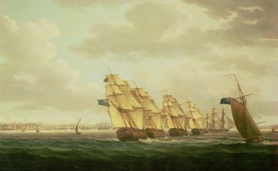 Nelson på "Theseus" med Inshore Squadron utenfor Cadiz, juli 1797, av Thomas Buttersworth