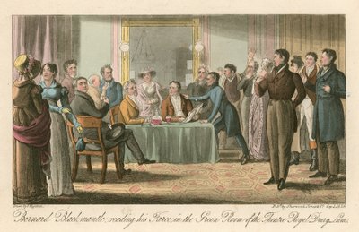 Bernard Blackmantle, leste sin farse i Green Room i Theatre Royal, Drury Lane, London av Thomas Charles Wageman