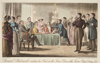 Bernard Blackmantle leser farsen sin i Green Room i Covent Garden Theatre, fra The English Spy, pub. 1824 (håndfarget gravering) av Thomas Charles Wageman