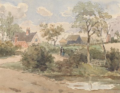 Landlig landskap med hytte, vindmølle, låver og figurer med dam i forgrunnen av Thomas Churchyard