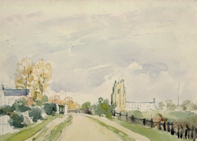 Suffolk Landscape, en bred vei med et lite hus, en kirke og trær av Thomas Churchyard