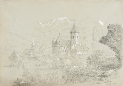 Castle of Spiez, 1841 (blyant og gouache på grågrønt papir) av Thomas Cole