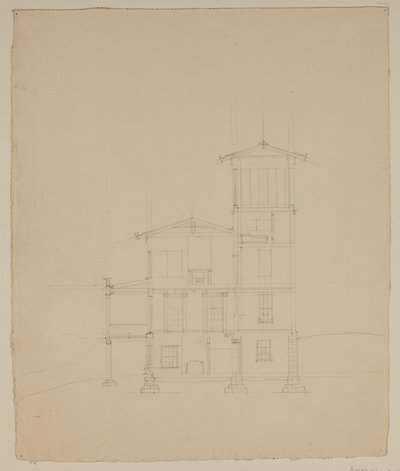 Tegning av foreslått villa i Catskill, ca. 1801-48 (grafittblyant på off-white vevd papir) av Thomas Cole