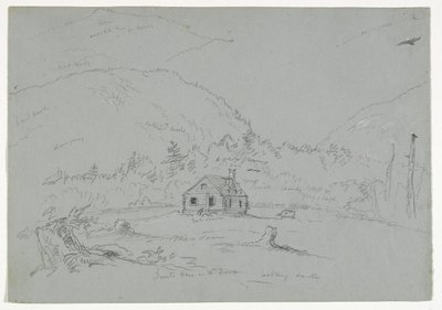 Hus i Mount Desert, ca. 1844 (grafitt forhøyet med hvit fargestift på papir) av Thomas Cole