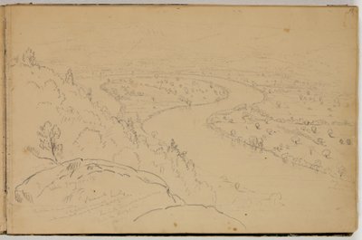 Panorama av Oxbow på Connecticut River sett fra Mount Holyoke, ca. 1832 (blyant på papir) av Thomas Cole