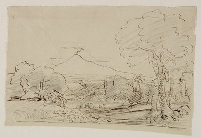 Vulkan, innsjø, figurjakt, 1846-47 (penn og blekk med blyant på papir) av Thomas Cole