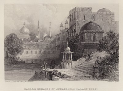 Baoli, og restene av Jehanghirs palass, Delhi (farge litho) av Thomas Colman (after) Dibdin