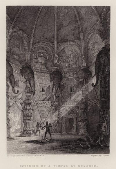 Interiør i et tempel ved Benares (farge litho) av Thomas Colman (after) Dibdin