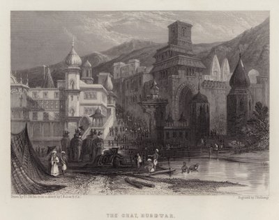 The Ghat, Hurdwar (farge litho) av Thomas Colman (after) Dibdin