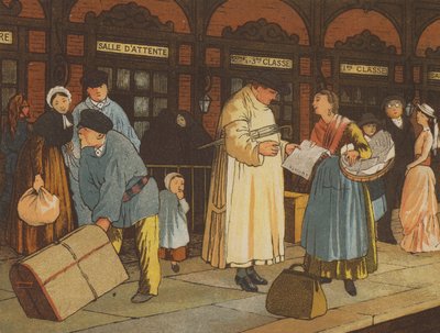 På vei fra Caen til Paris: en jernbanestasjon (farge litho) av Thomas Crane