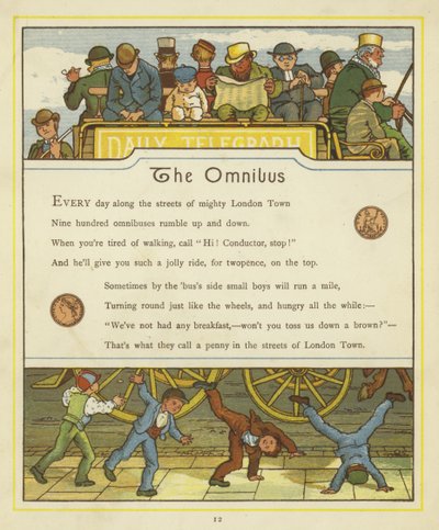 Passasjerer som reiser på omnibus mens barn snur på vognhjul på gaten nedenfor av Thomas Crane